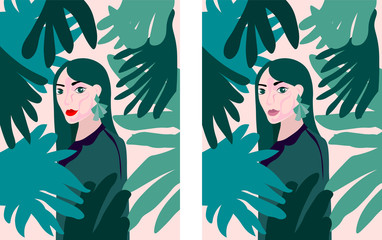 Lady with green earrings and outfit in a tropical forest full of leaves © castecodesign