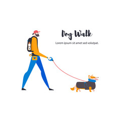 Сartoon style icons of Welsh Corgi Cardigan and personal dog-walker. A man with a pet outdoors.