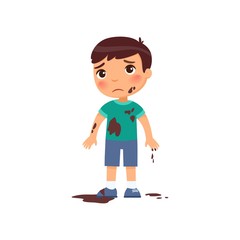 Sad dirty boy flat vector color illustration. Unhappy caucasian toddler in mud. Bad child behavior. Untidy, grubby little child with dark hair cartoon character isolated on white background