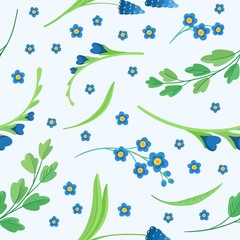 Blue flowers blossoms vector retro seamless pattern.  Abstract wildflowers on light backdrop. Cornflower decorative background. Blooming meadow wildflowers. Vintage textile, fabric, wallpaper design 