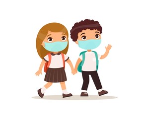 Fototapeta premium Schoolgirl and schoolboy going to school flat vector illustration. Couple pupils with medical masks on their faces holding hands, cartoon characters. Two elementary school students with backpacks