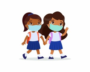 Indian schoolgirls going to school flat vector illustration. Couple pupils with medical masks on their faces holding hands isolated cartoon characters. Two elementary school students with backpacks 
