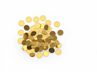 A pile of falling golden coins with a dollar sign, with space for text isolated on white background. 3D illustration