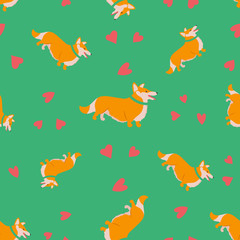 Seamless pattern with funny cartoon style icon of welsh corgi cardigan. Simple background with cute family dog.