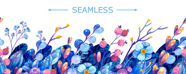 Blue and purple cosmic plants with symbols of stars and the moon. Flovers, leaves and berries. Blooming wildflowers, grass. Watercolor seamless horizontal background. Stylized herbarium backdrop
