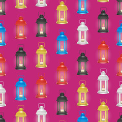 Realistic 3d Detailed Vintage Lantern Glowing Seamless Pattern Background. Vector