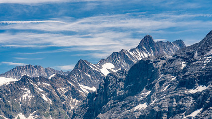 Switzerland, Panoramic view on First and Wetterhorn and green Alps around