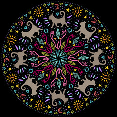Mandala with cats walking through abstract alchemy garden.