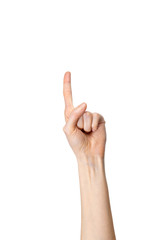 Woman hand showing one finger on white background