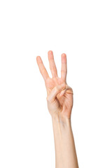 Woman hand showing three fingers on white background