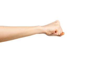 Caucasian woman hand gesture of a clenched fist isolated over the white background