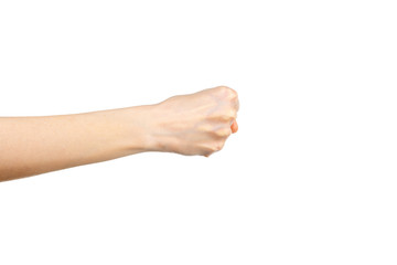 Caucasian woman hand gesture of a clenched fist isolated over the white background