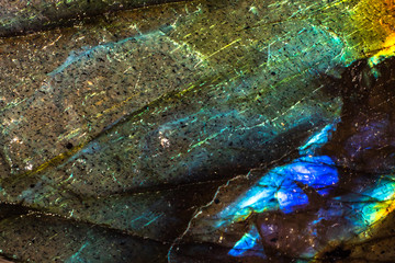 Macro photo of the face of a labradorite.