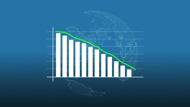Positive infographic, declining bar chart animation with a rotating earth, representing a smaller mortality or crime rate
