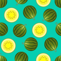 Vector watermelon seamless pattern. Whole and half watermelon on turquoise background. Colorful vector illustration gradient fill in flat style.