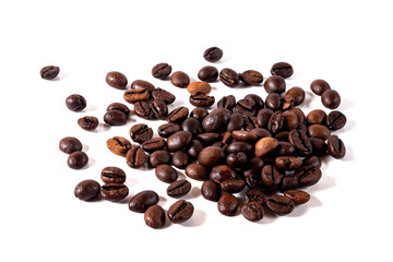 Heap of fresh roasted coffee beans isolated on white background stock photo