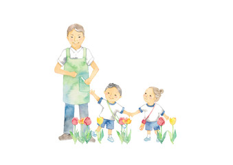 幼稚園児と保父さん、お散歩