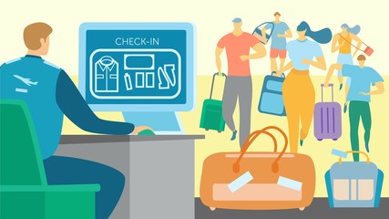 Airport security baggage control, people running to check in counter, vector illustration. Passengers cartoon characters, men and women hurry. Travel luggage inspection, scanning bags flight terminal
