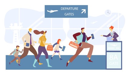 Fototapeta na wymiar Passengers running to flight boarding gate, people in airport terminal, vector illustration. Family travelers hurry to board airplane, man and woman late for departure. Route change schedule delay