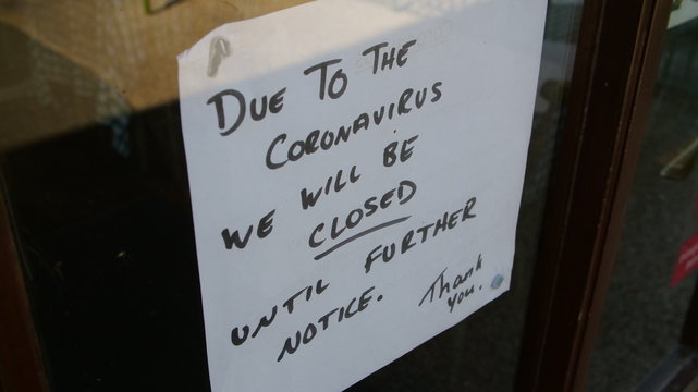Independent shop closed until further notice in window due to the COVID 19 coronavirus pandemic, bars, cafes, restaurants, clubs all shut cause of this international crisis 