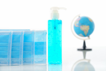 Alcohol gel bottle sanitizer hand and Medical face masks