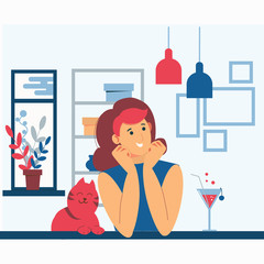 Girl with a cocktail. Interior apartment. Cat, pet. Life inside the house with isolation. Quarantine. Flat illustration isolated on a white background.