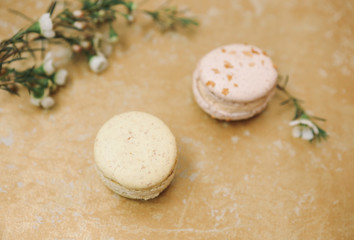 Two homemade macarons with blossom are lying on the golden background.