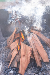 Flames and smoke from burning wood