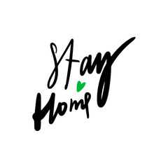 Stay home creative lettering with green heart quarantine