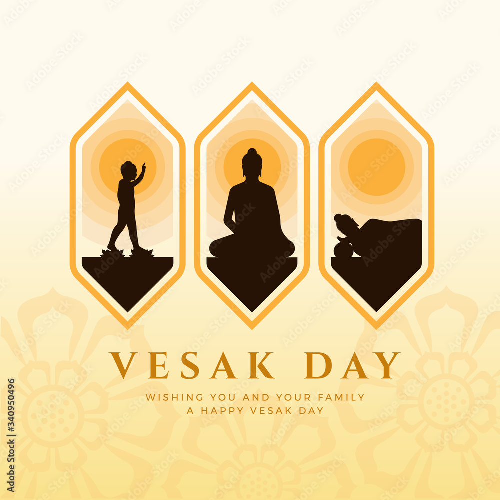 Poster vesak day banner with three events on vesak day are nativity , enlightenment and nirvana in frame ve