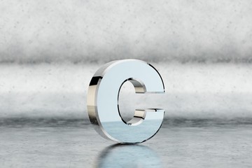 Chrome 3d letter C lowercase. Glossy chrome letter on scratched metal background. Metallic alphabet with studio light reflections. 3d rendered font character.