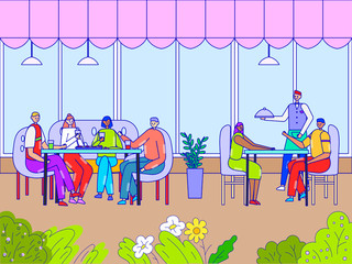 People dining in cafe, cartoon characters in restaurant, friends eating lunch together, vector illustration. Happy men and women order meal in canteen, waiter serving food. Cafeteria diner customers