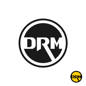 Digital rights management DRM acronym logo. Three initial letters D, R and M in a black round badge.