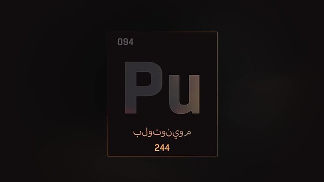 Plutonium as Element 94 of the Periodic Table. Seamlessly looping 3D animation on grey illuminated atom design background orbiting electrons name, atomic weight element number in Arabic language