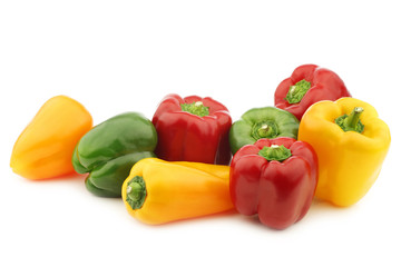 red, green and yellow paprika(capsicum) on a white background