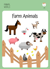 farm animals behind wooden fence. horse, chicken, pig, ram, goose, cow, chicken, cat, dog, fence, educational card for children. Zoology for preschoolers. Animal world. Collection.