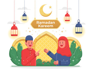 Ramadan greeting card vector, Postcard social media. Holy month in islam religion. meeting on mosque, hanging lantern, crescent moon in flat design cartoon style