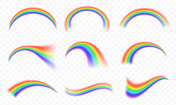 Colorful transparent rainbows vector set. Perspective diagonal view. Bright realistic arch rainbows and round halo rainbow. Fantasy symbol of good luck.