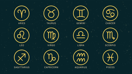 Detailed flat vector set of the zodiac horoscope signs as symbols on top of a dimmed semi-accurate star map. Feel free to use only parts of the illustration too. © David