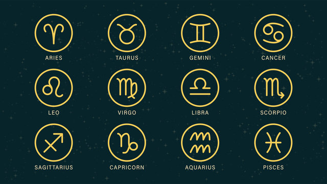 Detailed flat vector set of the zodiac horoscope signs as symbols on top of a dimmed semi-accurate star map. Feel free to use only parts of the illustration too.