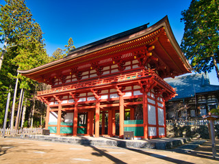 Temple buildings at Mount Koya settlement in Wakayama Prefecture to the south of Osaka - taken on a sunny day with clear, blue skies.