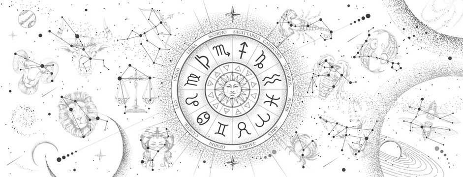 Astrology wheel with zodiac signs on constellation map background. Realistic illustration of  zodiac signs. Horoscope vector illustration