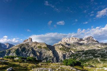 The mountain peaks Croda dei Rondoi ,right and Torre dei Scarperi, left Schwabenalpenkopf in the Sexten Dolomites Sesto Dolomites, South Tyrol, Italy