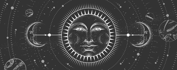 Modern magic witchcraft card with astrology sun and moon sign with human face on outer space background. Day and nignt. Realistic hand drawing vector illustration