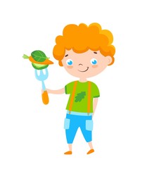 Little boy with raw organic food. Vector