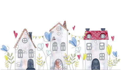 Vintage stone houses in row - hand drawn watercolor illustration 