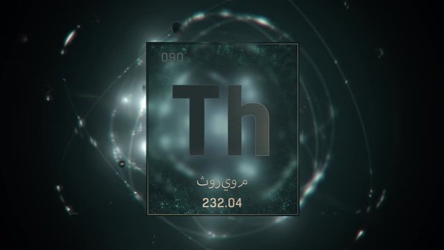 Thorium as Element 90 of the Periodic Table. Seamlessly looping 3D animation on green illuminated atom design background orbiting electrons name, atomic weight element number in Arabic language