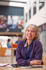 Plakat Portrait Of Mature Female Teacher Or Student With Digital Tablet Working At Table In College Hall