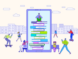 Electronic library concept, tiny people cartoon characters reading books online, vector illustration. Men and women in modern city using gadgets and devices for education. Citizens read digital ebooks