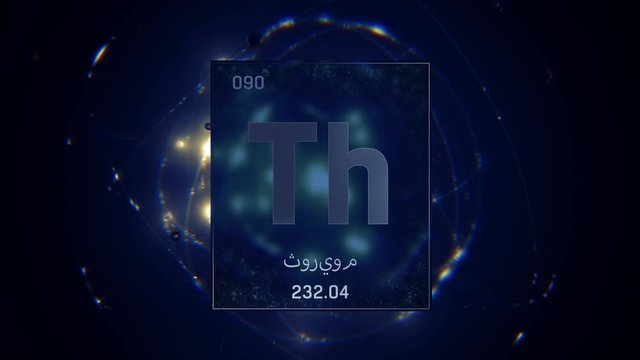 Thorium as Element 90 of the Periodic Table. Seamlessly looping 3D animation on blue illuminated atom design background orbiting electrons name, atomic weight element number in Arabic language